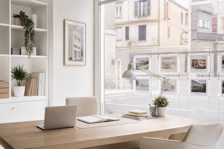 Postazione di lavoro moderna con due schermi accesi accanto a una finestra luminosa.