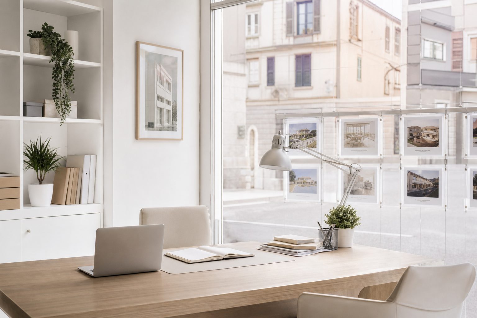 Postazione di lavoro moderna con due schermi accesi accanto a una finestra luminosa.
